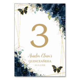 Quinceañera Marine Blauw Bloemen Gouden Vlinders Kaart
