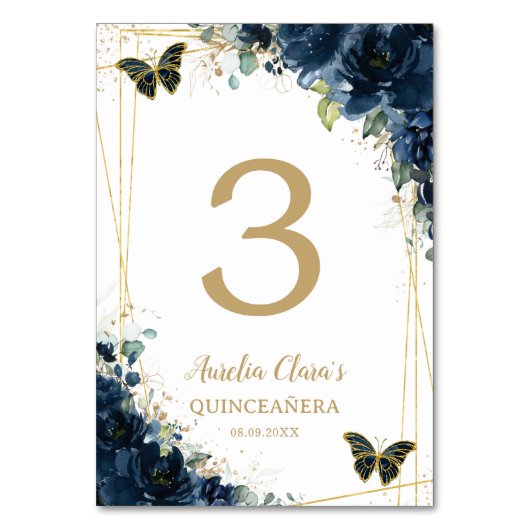 Quinceañera Marine Blauw Bloemen Gouden Vlinders Kaart (Achterkant)