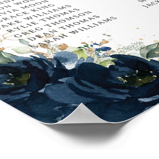 Quinceañera Marine Blauw Bloemen Gouden Zitkaart Poster (Hoek)