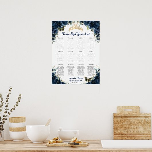 Quinceañera Marine Blauw Bloemen Gouden Zitkaart Poster (Keuken)