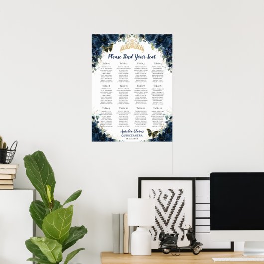 Quinceañera Marine Blauw Bloemen Gouden Zitkaart Poster (Thuiskantoor)