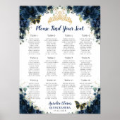 Quinceañera Marine Blauw Bloemen Gouden Zitkaart Poster (Voorkant)