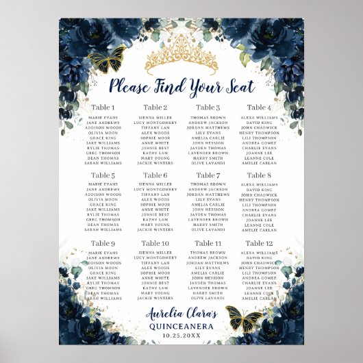 Quinceañera Marine Blauw Bloemen Gouden Zitkaart Poster (Voorkant)