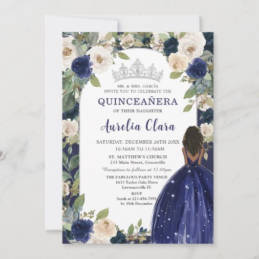 Quinceañera Marine Blauw Bloemen Prinses Verjaarda Kaart (Voorkant)
