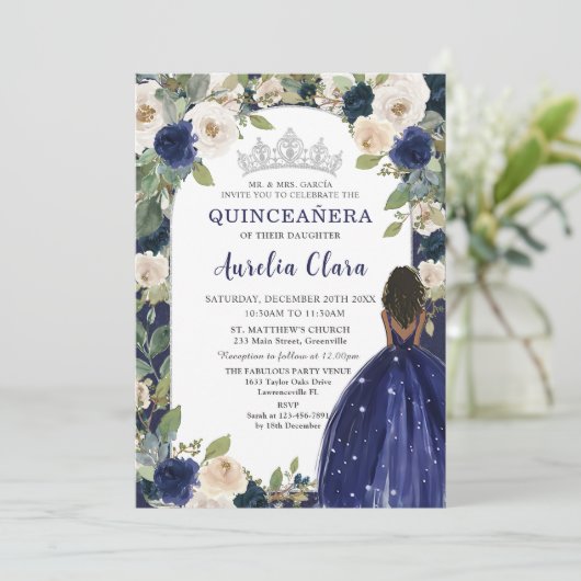 Quinceañera Marine Blauw Bloemen Prinses Verjaarda Kaart (Staand voorkant)