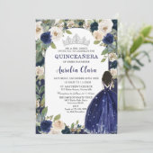 Quinceañera Marine Blauw Bloemen Prinses Verjaarda Kaart (Staand voorkant)