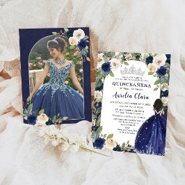 Quinceañera Marine Blauw Bloemen Prinses Verjaarda Kaart