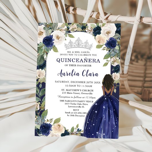 Quinceañera Marine Blauw Bloemen Prinses Verjaarda Kaart