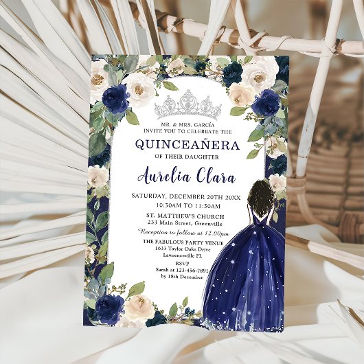 Quinceañera Marine Blauw Bloemen Prinses Verjaarda Kaart