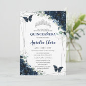 Quinceañera Marine Blauw Bloemen Vlinders Zilver Kaart (Staand voorkant)