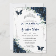 Quinceañera Marine Blauw Bloemen Vlinders Zilver