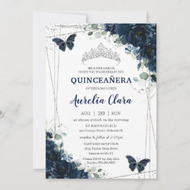 Quinceañera Marine Blauw Bloemen Vlinders Zilver Kaart