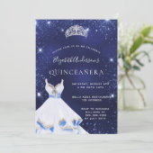 Quinceanera marine blauw glitter jurk tiara kaart (Staand voorkant)