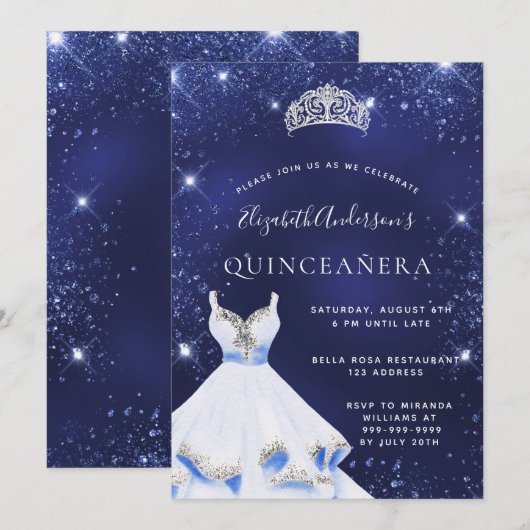 Quinceanera marine blauw glitter jurk tiara kaart (Voorkant / Achterkant)