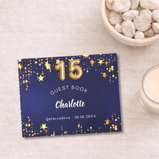 Quinceanera marine blauw goud sterren gastenboek