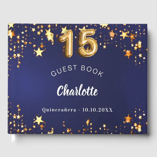 Quinceanera marine blauw goud sterren gastenboek (Voorkant)