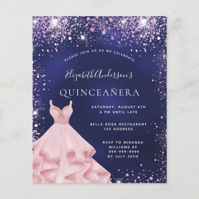 Quinceanera marine blauw roze jurk uitnodiging (Voorkant)