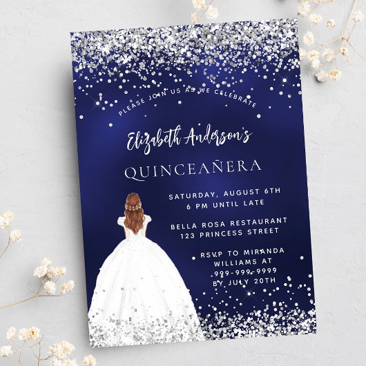 Quinceanera marine blauw zilver jurk luxe kaart