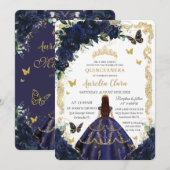 Quinceañera Marine Blauwe Bloemen Gouden Prinses Kaart (Voorkant / Achterkant)