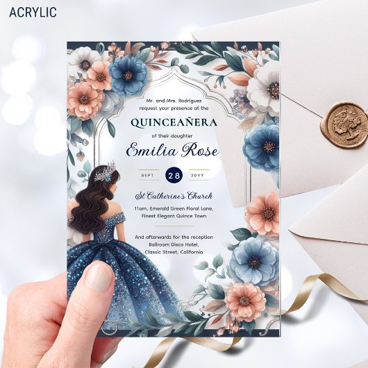 Quinceañera Marine Blauwe Perzik Zilveren Jurk Blo Acryl Uitnodigingen