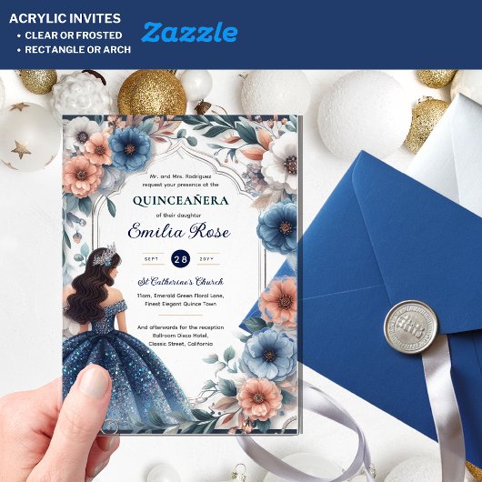 Quinceañera Marine Blauwe Perzik Zilveren Jurk Blo Acryl Uitnodigingen