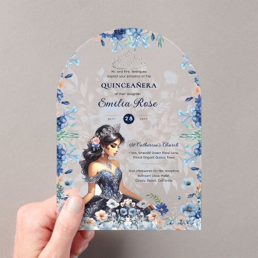 Quinceañera Marine Blauwe Perzik Zilveren Jurk Blo Acryl Uitnodigingen (Insitu (Draagbaar))