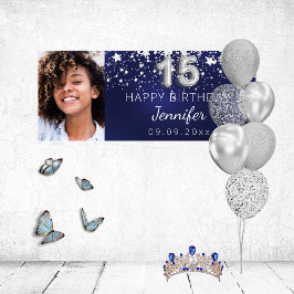 Quinceanera marine blauwe zilveren sterren foto pa spandoek