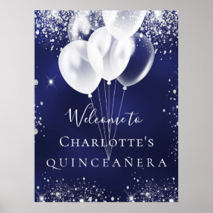 Quinceanera marine blue zilveren ballonnen welkom poster