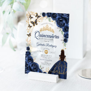 Quinceanera Marine Goud Bloemstuk Acryl Uitnodigingen