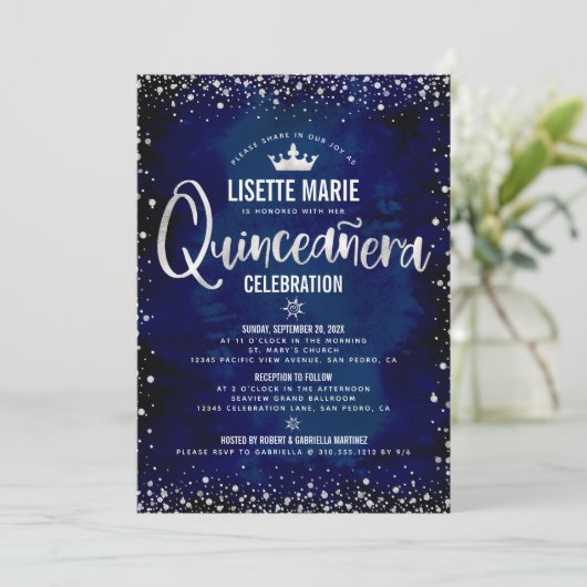 Quinceañera Marine Zilver Glitter Prinses Kroon Kaart (Staand voorkant)
