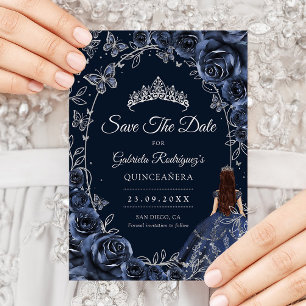 Quinceanera Marine Zilver Vlinders Rozen Save The Date