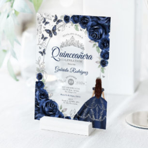 Quinceanera Marine Zilveren Bloemen Acryl Uitnodigingen