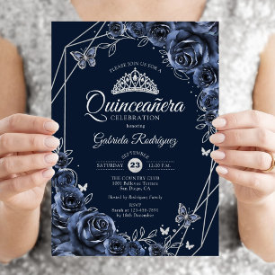 Quinceanera Marine Zilveren Bloemen Kaart