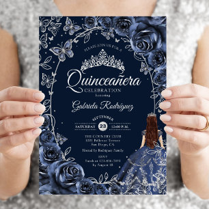 Quinceanera Marine Zilveren Vlinders Rozen Kaart