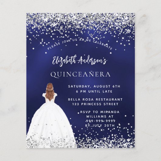 Quinceanera marineblauw budgetuitnodiging flyer (Voorkant)