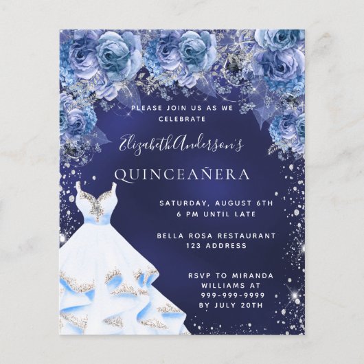Quinceanera marineblauw budgetuitnodiging flyer (Voorkant)