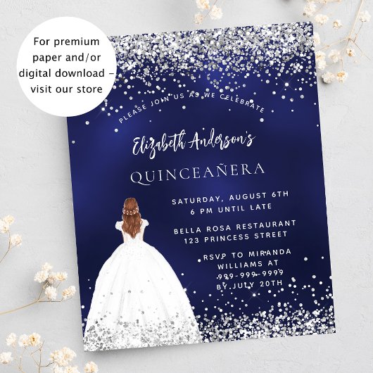 Quinceanera marineblauw budgetuitnodiging flyer