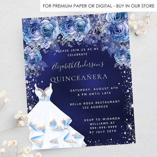 Quinceanera marineblauw budgetuitnodiging flyer