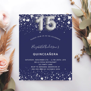 Quinceanera marineblauw zilver budget uitnodiging flyer