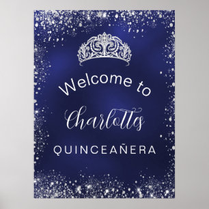 Quinceanera marineblauw zilveren glitters welkom poster