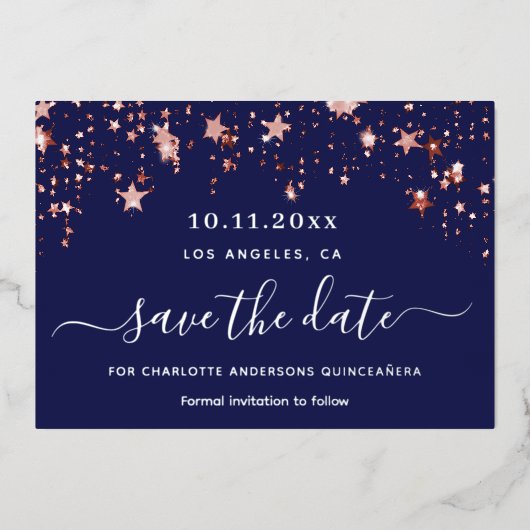 Quinceanera marineblauwe roos Save the Date Folie Feestdagenkaart (Voorkant)