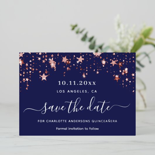 Quinceanera marineblauwe roos Save the Date Folie Feestdagenkaart (Staand Voorkant)