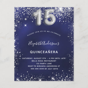 Quinceanera marineblauwe zilveren budget uitnodigi flyer