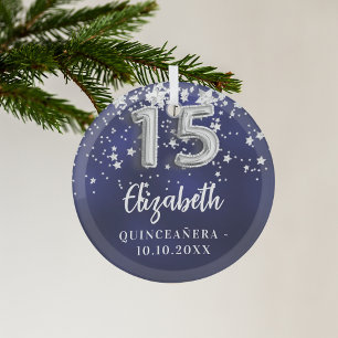 Quinceanera marineblauwe zilveren sterren glas ornament