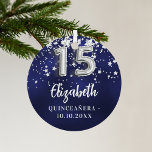 Quinceanera marineblauwe zilveren sterren metalen ornament<br><div class="desc">Een marineblauwe achtergrondkleur met faux zilveren sterren. De blauwe kleur is ongelijk. Voeg uw s,  tekst/datum toe</div>