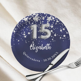 Quinceanera marineblauwe zilveren sterren papieren bordje