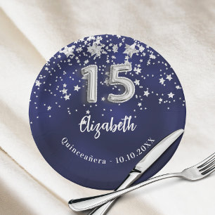 Quinceanera marineblauwe zilveren sterren papieren bordje