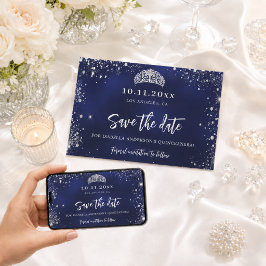 Quinceanera marineblauwe zilveren tiara glamourous save the date