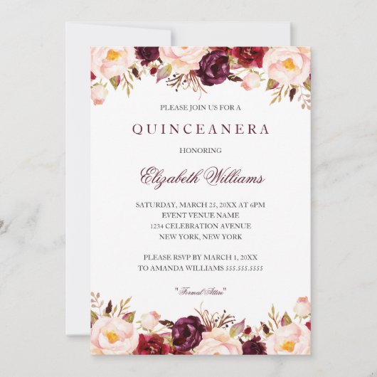 Quinceanera Marsala Floral Red Burgundy 15th Kaart (Voorkant)