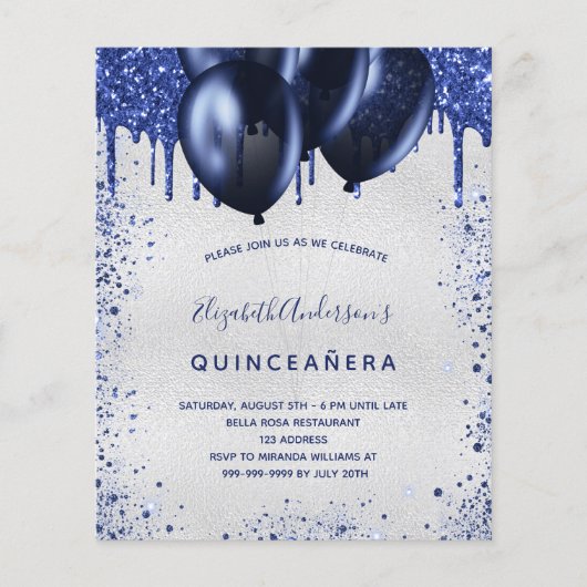 Quinceanera marvy blue Silver-uitnodiging Flyer (Voorkant)